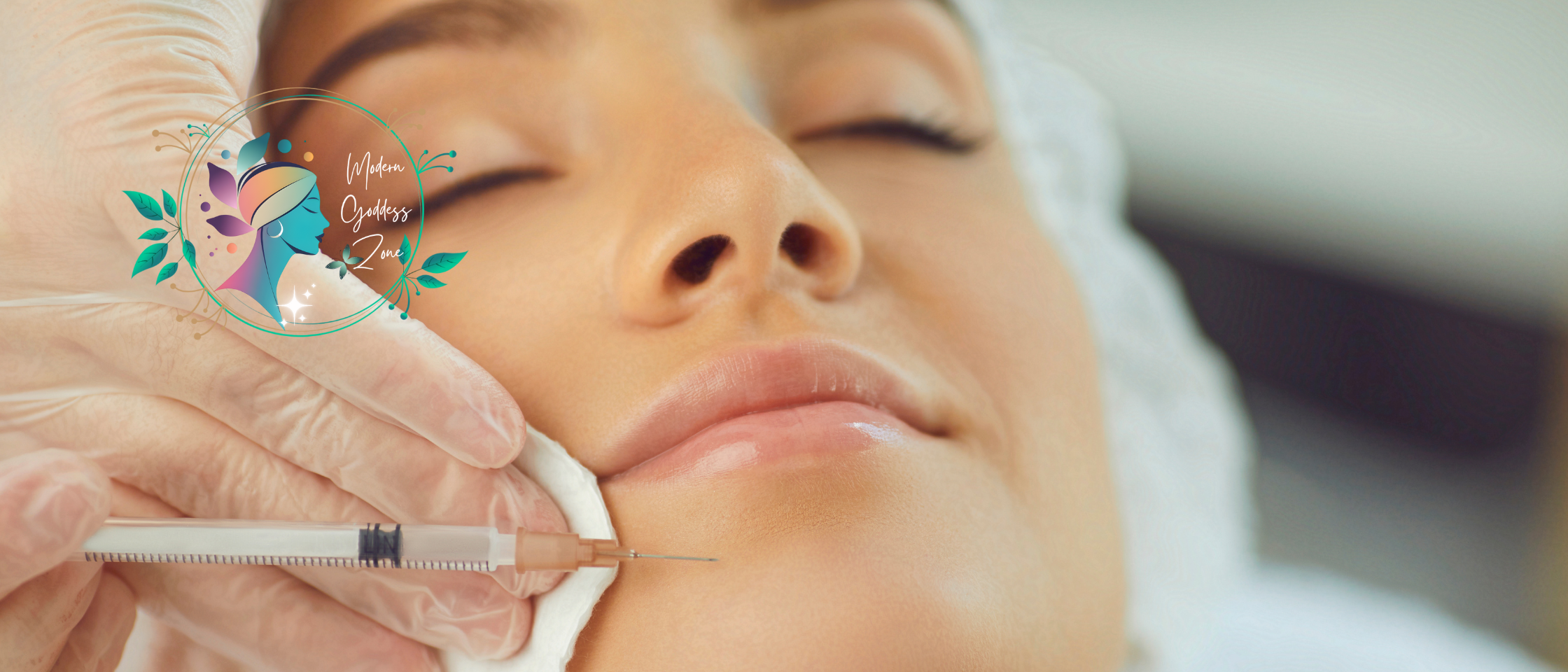 close up of a woman face getting an injection